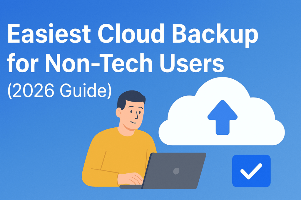 Simple cloud backup illustration showing a non‑tech user backing up files with GotBackup for the 2026 beginner’s guide.
