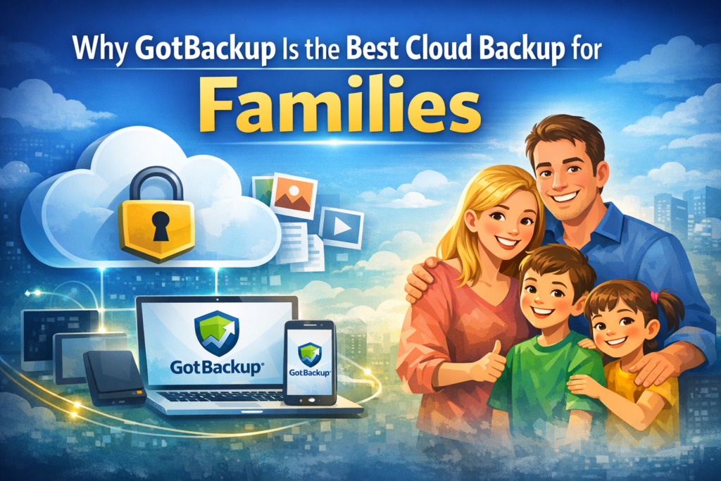Illustration of a smiling family with two children beside a laptop and smartphone showing the GotBackup logo, with a secure cloud icon and the headline “Why GotBackup Is the Best Cloud Backup for Families” on a blue digital background.